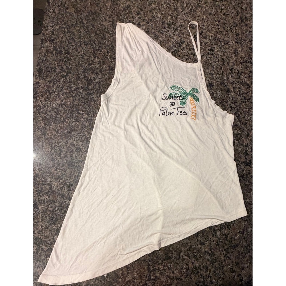ASOS Womens White Sunsets and Palm‎ Trees Asymmetric One Shoulder Tank Top US 2